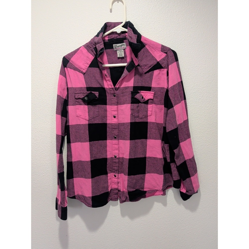 Wrangler Button Down Shirt, Woman's Pink/Black Plaid, Size XL